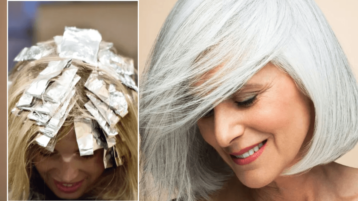 Woman with foils dying hair / woman with grey bob