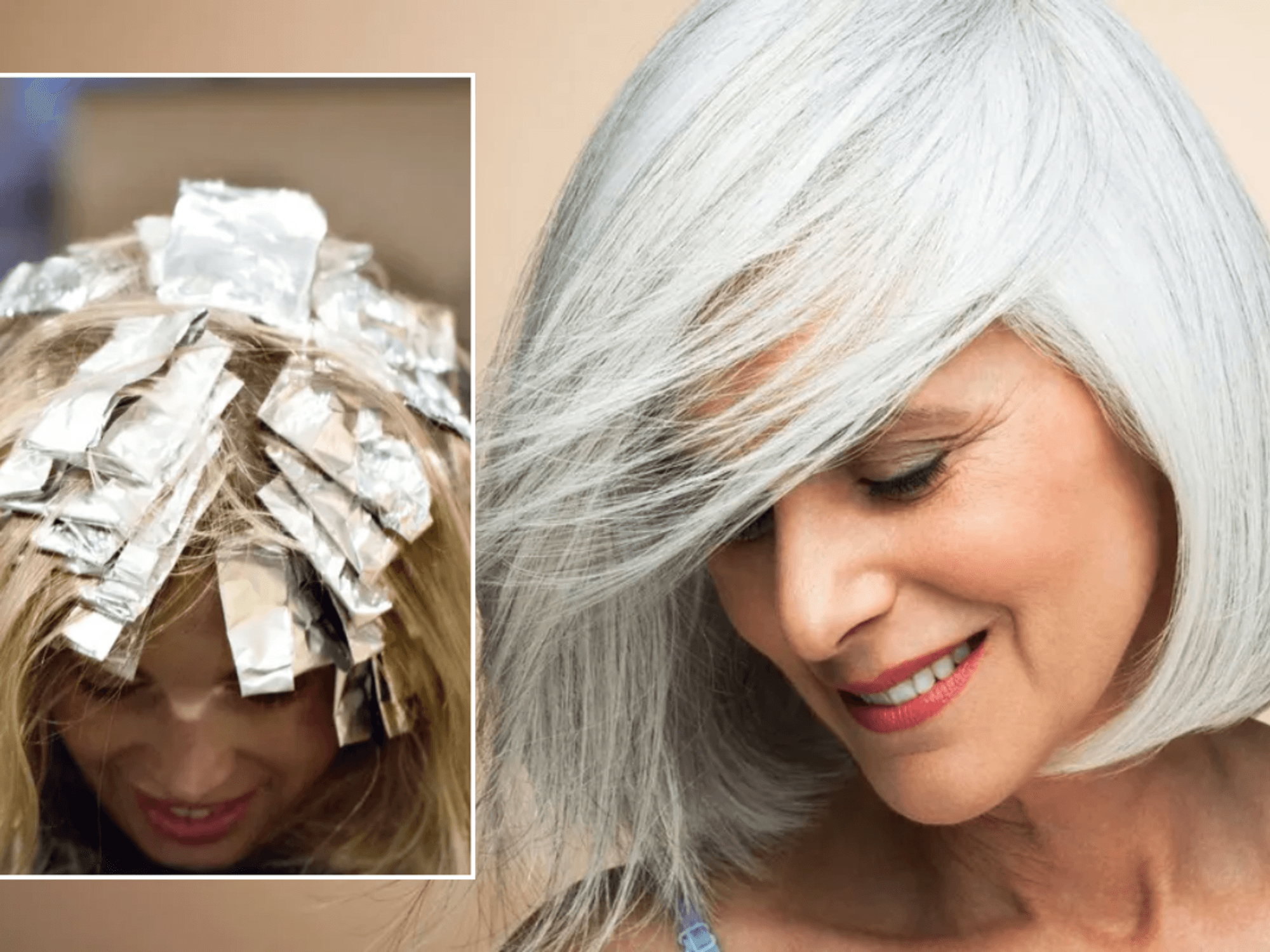 Woman with foils dying hair / woman with grey bob