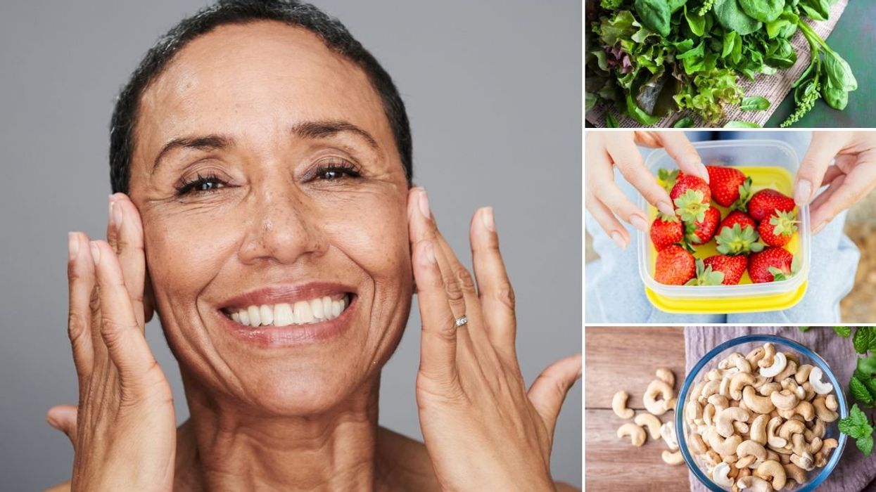 Woman with glowing skin / Leafy greens / Strawberries / Cashew nuts
