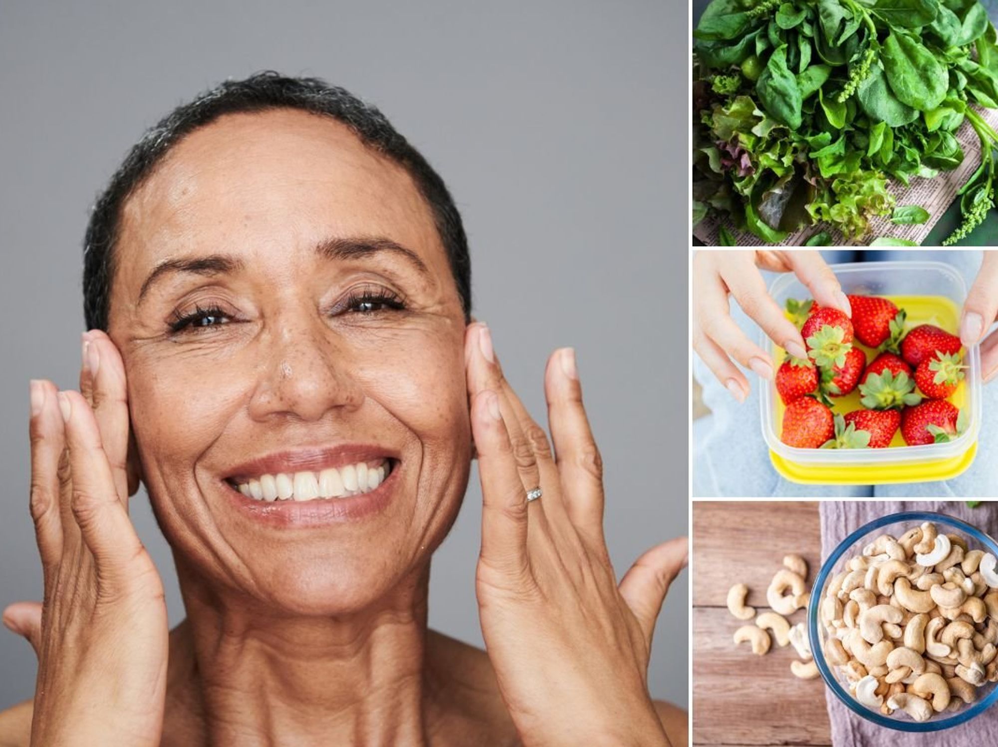 Woman with glowing skin / Leafy greens / Strawberries / Cashew nuts