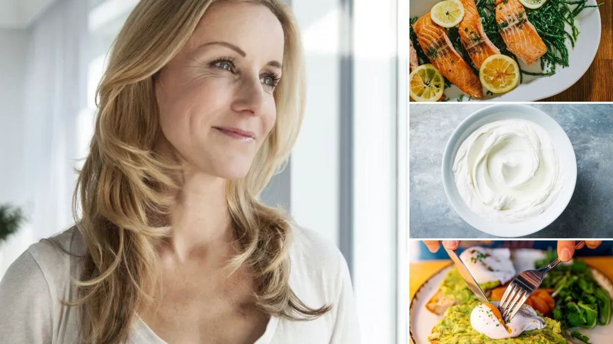 Woman with healthy blonde hair / Salmon / Greek yoghurt / Egg on toast