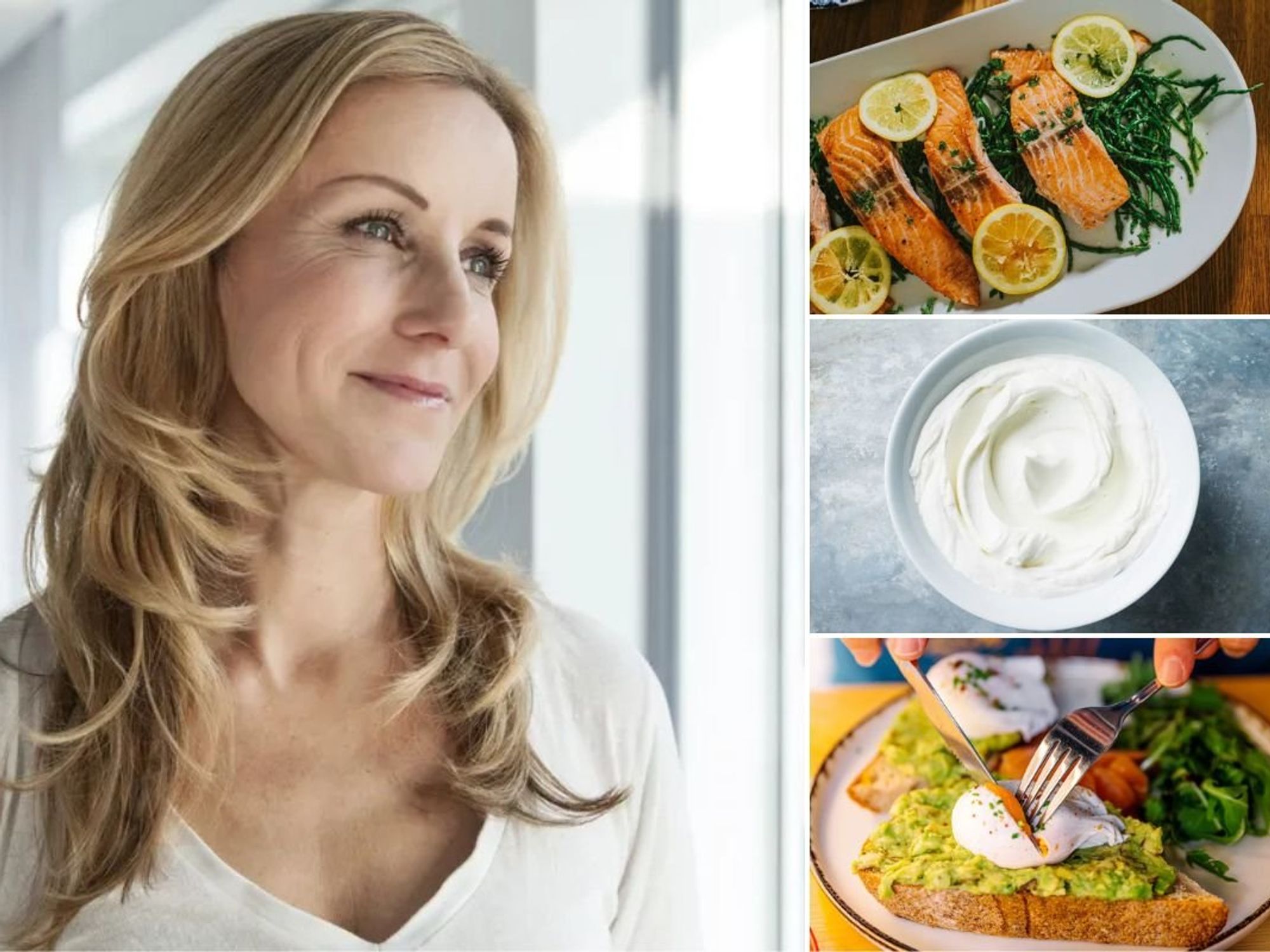 Woman with healthy blonde hair / Salmon / Greek yoghurt / Egg on toast