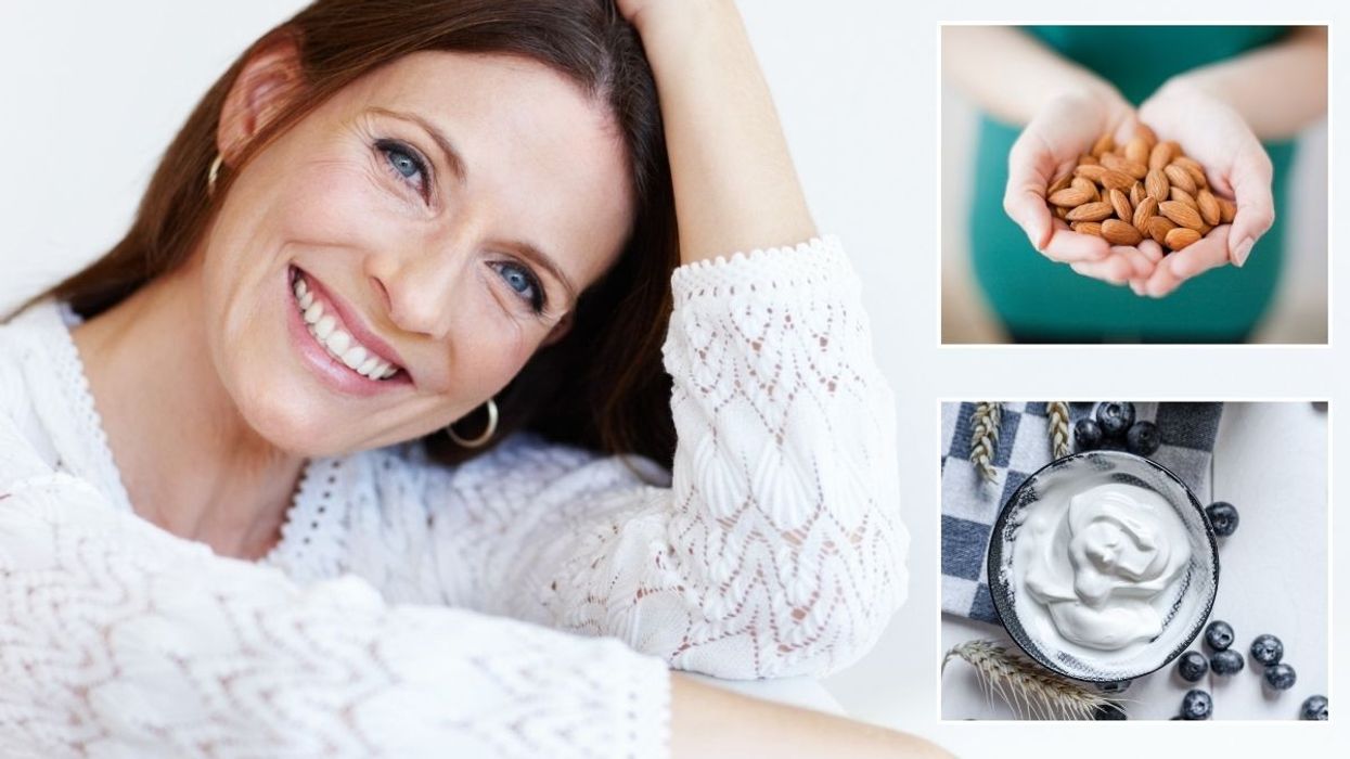 Woman with healthy brown hair / Almonds / Greek yoghurt