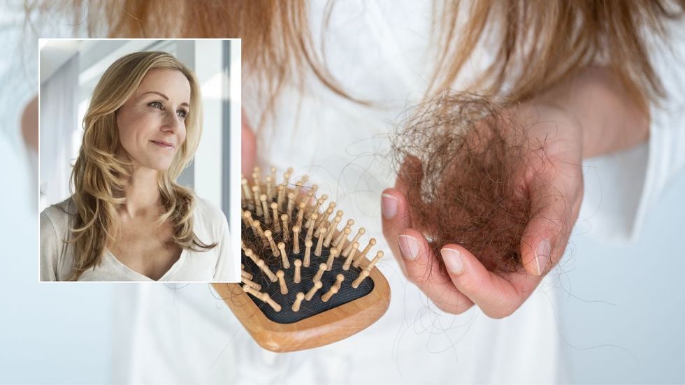 Woman with thick, layered hair/Woman pulling her hair out of a brush