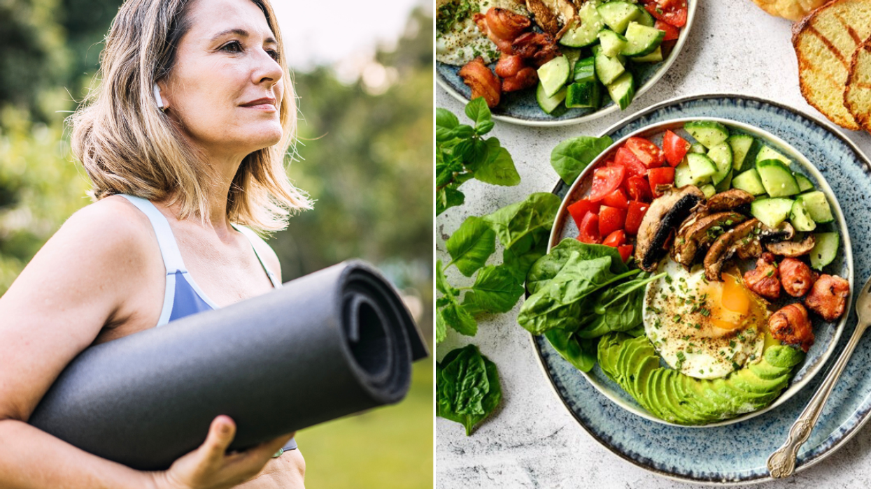 Woman with yoga mat / food