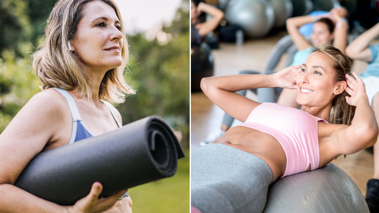 Woman with yoga mat /woman doing sit ups