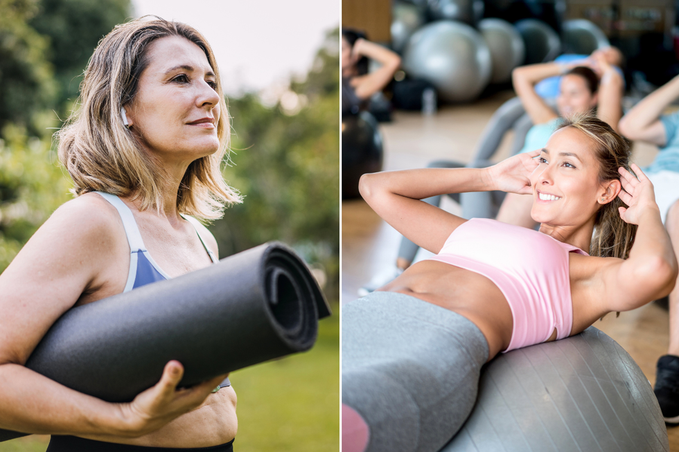 Woman with yoga mat /woman doing sit ups