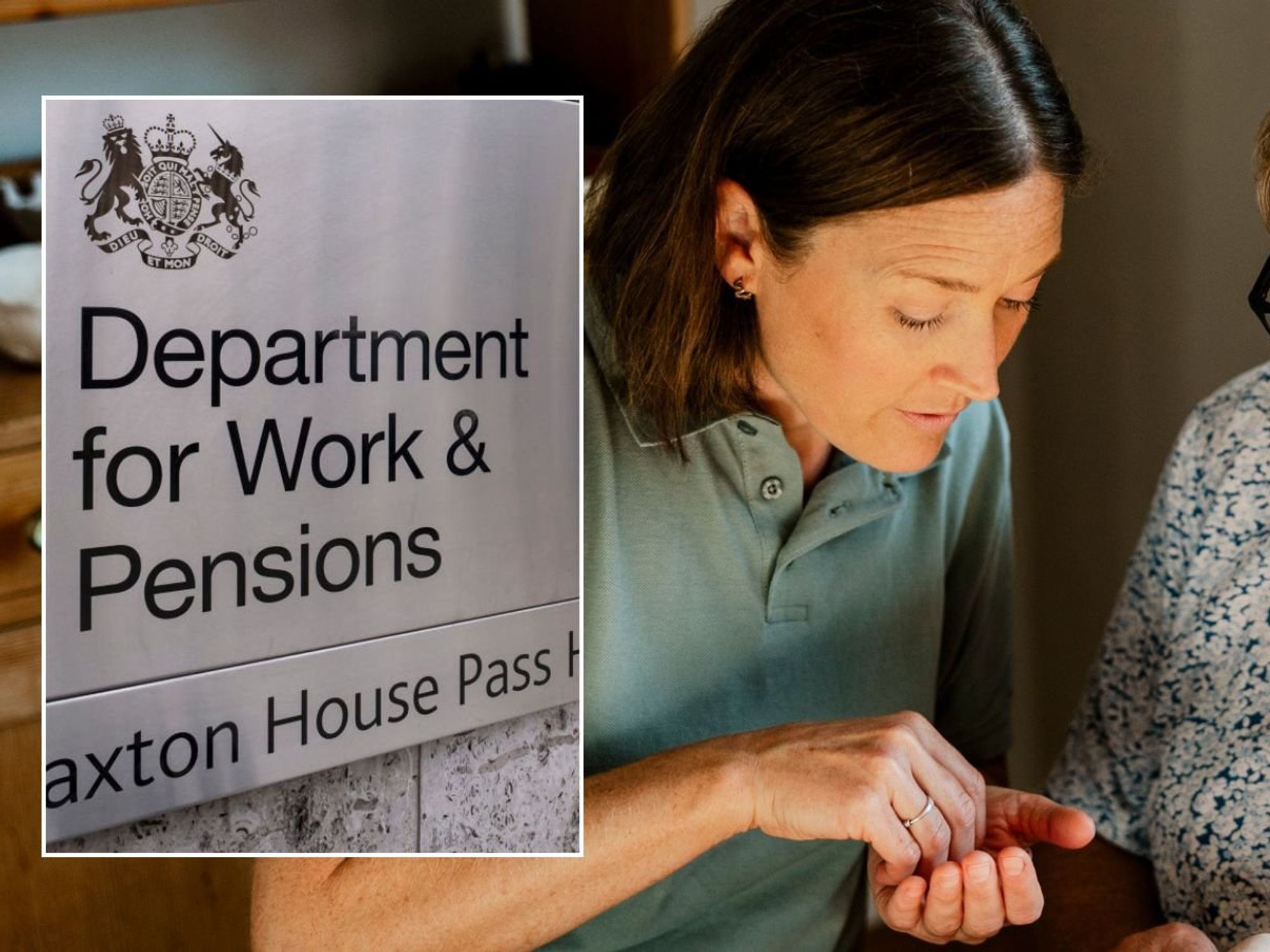 Women holding money, DWP sign