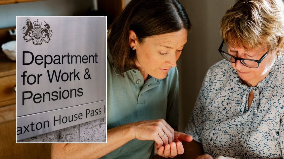 Women holding money, DWP sign