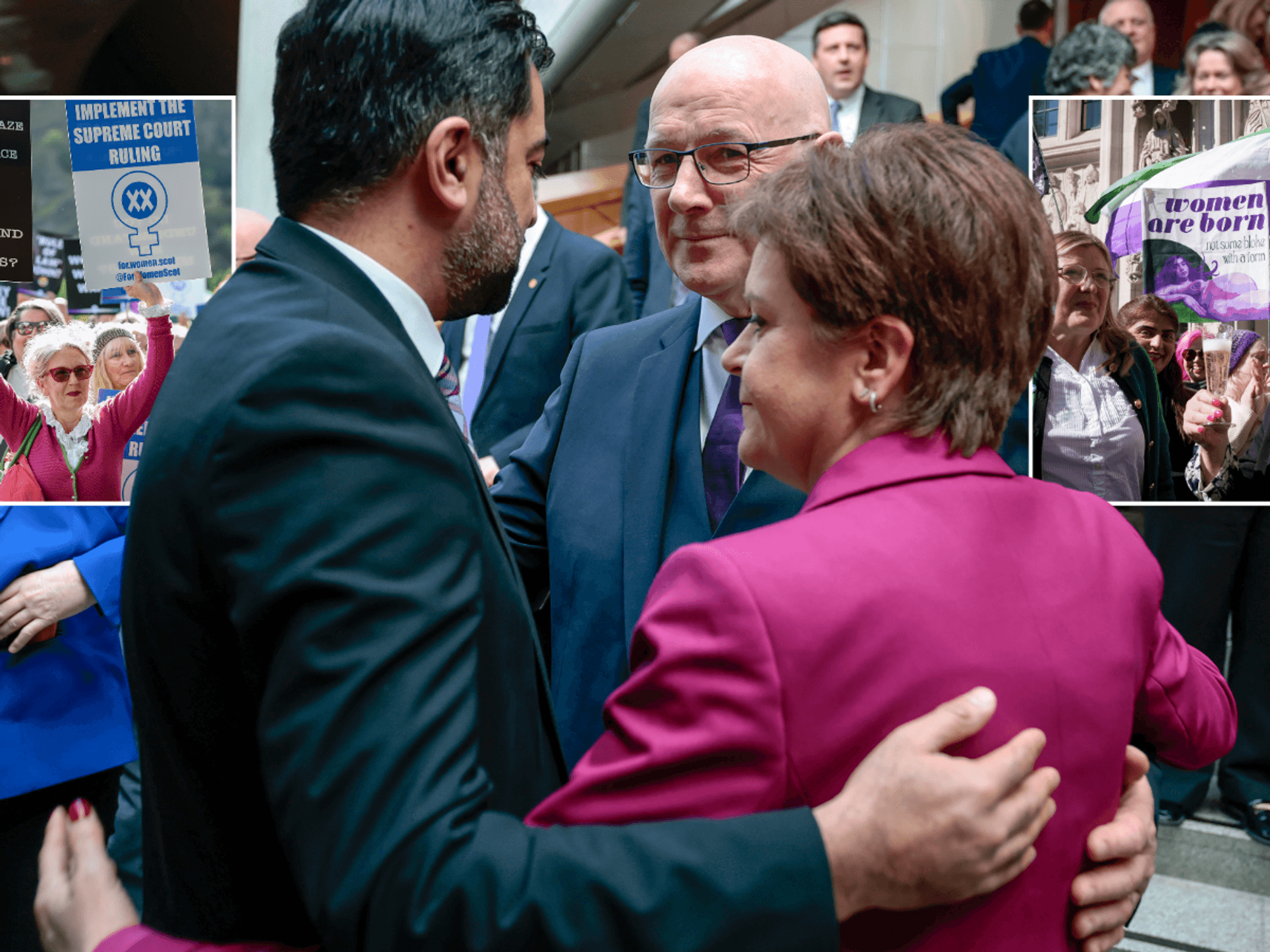 Women's rights campaigners; Humza Yousaf, Nicola Sturgeon and John Swinney; For Women Scotland London post-ruling celebrations