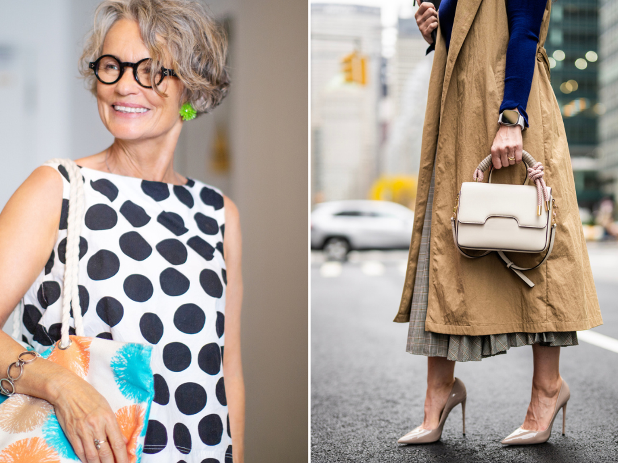 Women wearing fashionable outfits including glasses, handbags, and heels