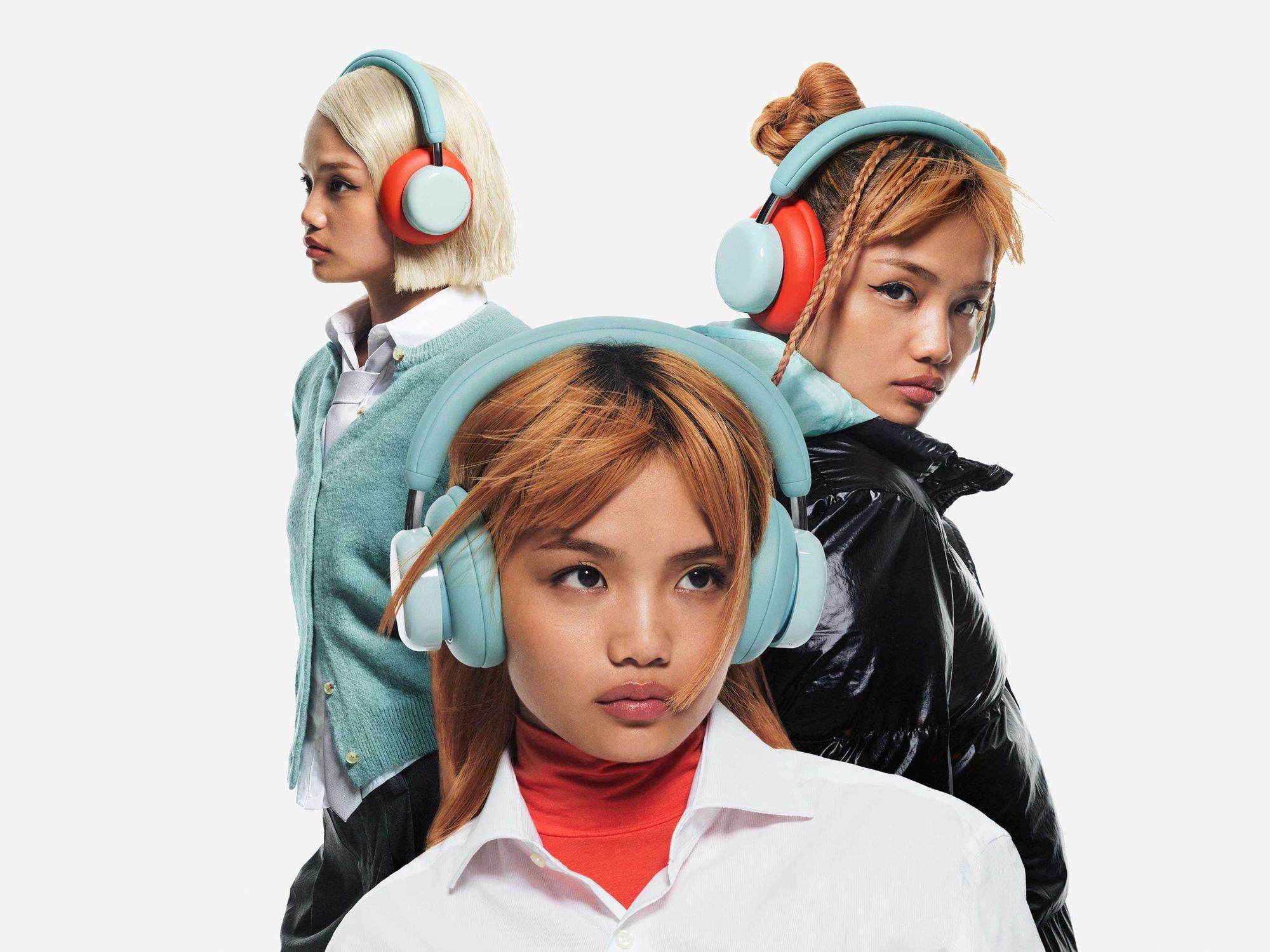 women wearing the cmf headphone pro with colour matched earcup