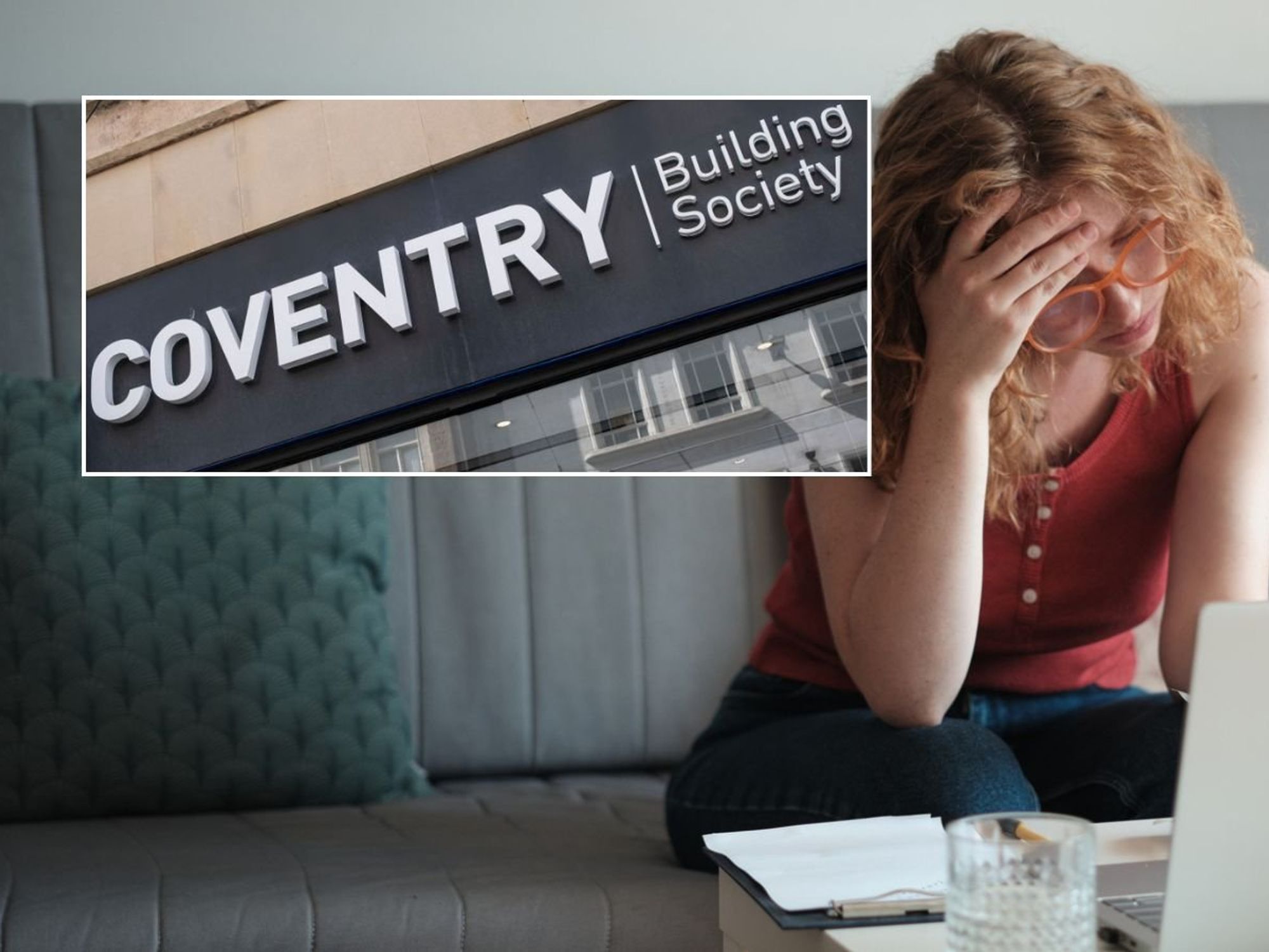 Womman on laptop and Coventry BS branch