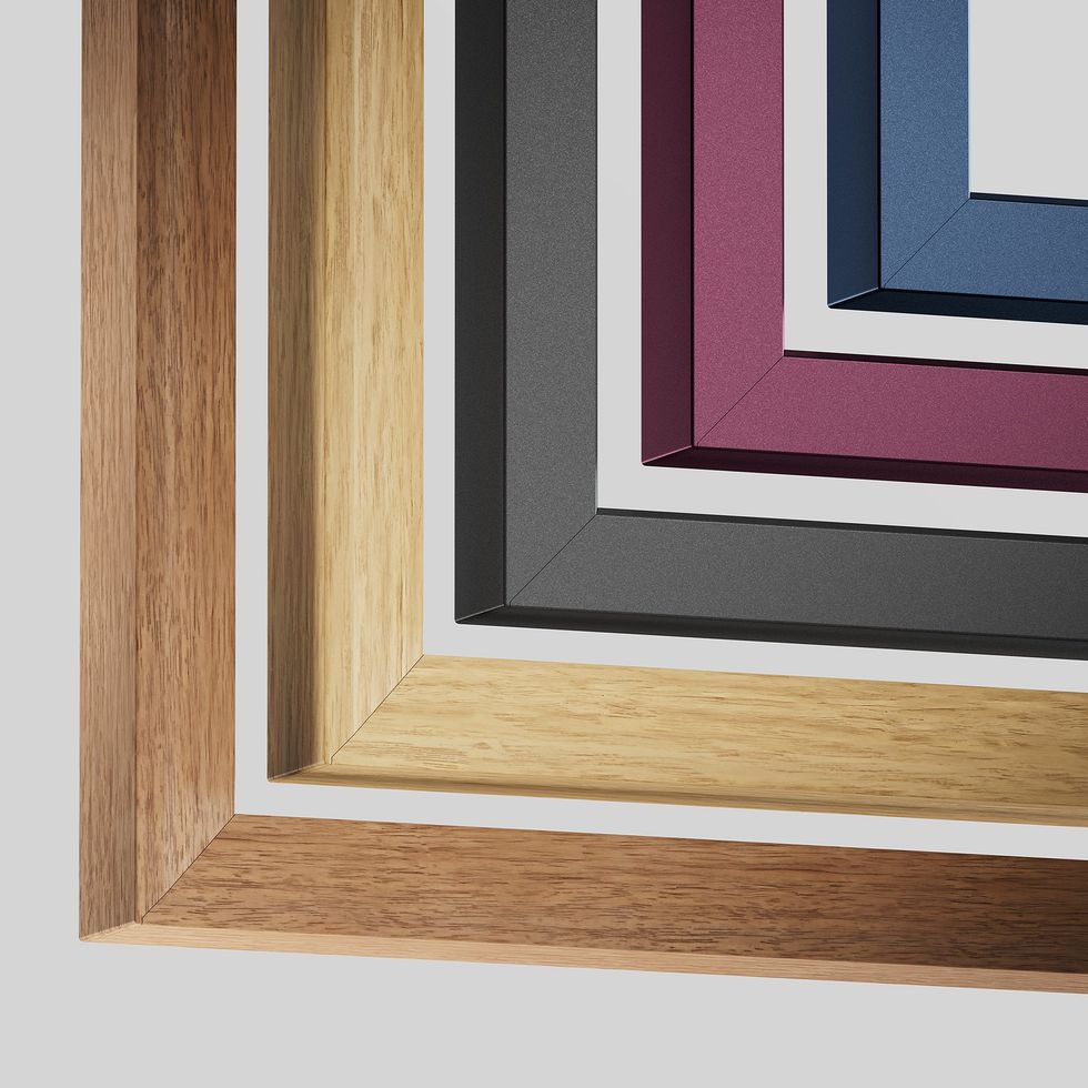 wooden and colourful frames created by Amazon to complement its new Ember Artline television shown on a plain background