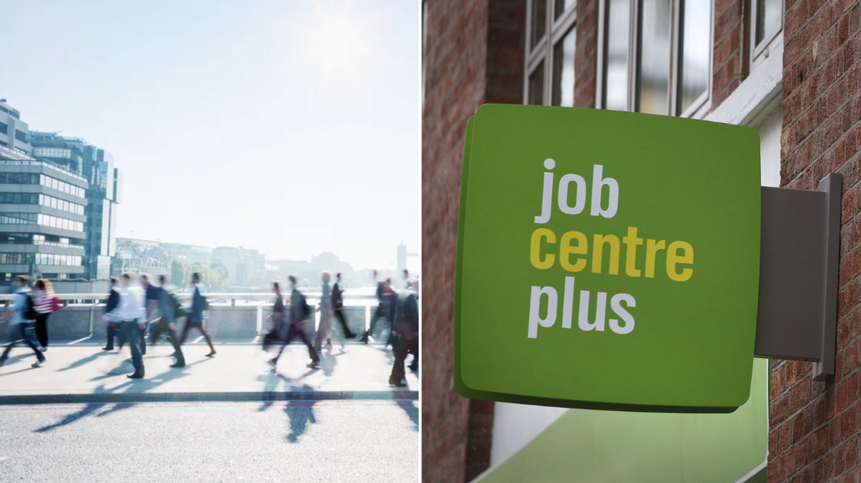 Workers walking to work and job centre plus sign