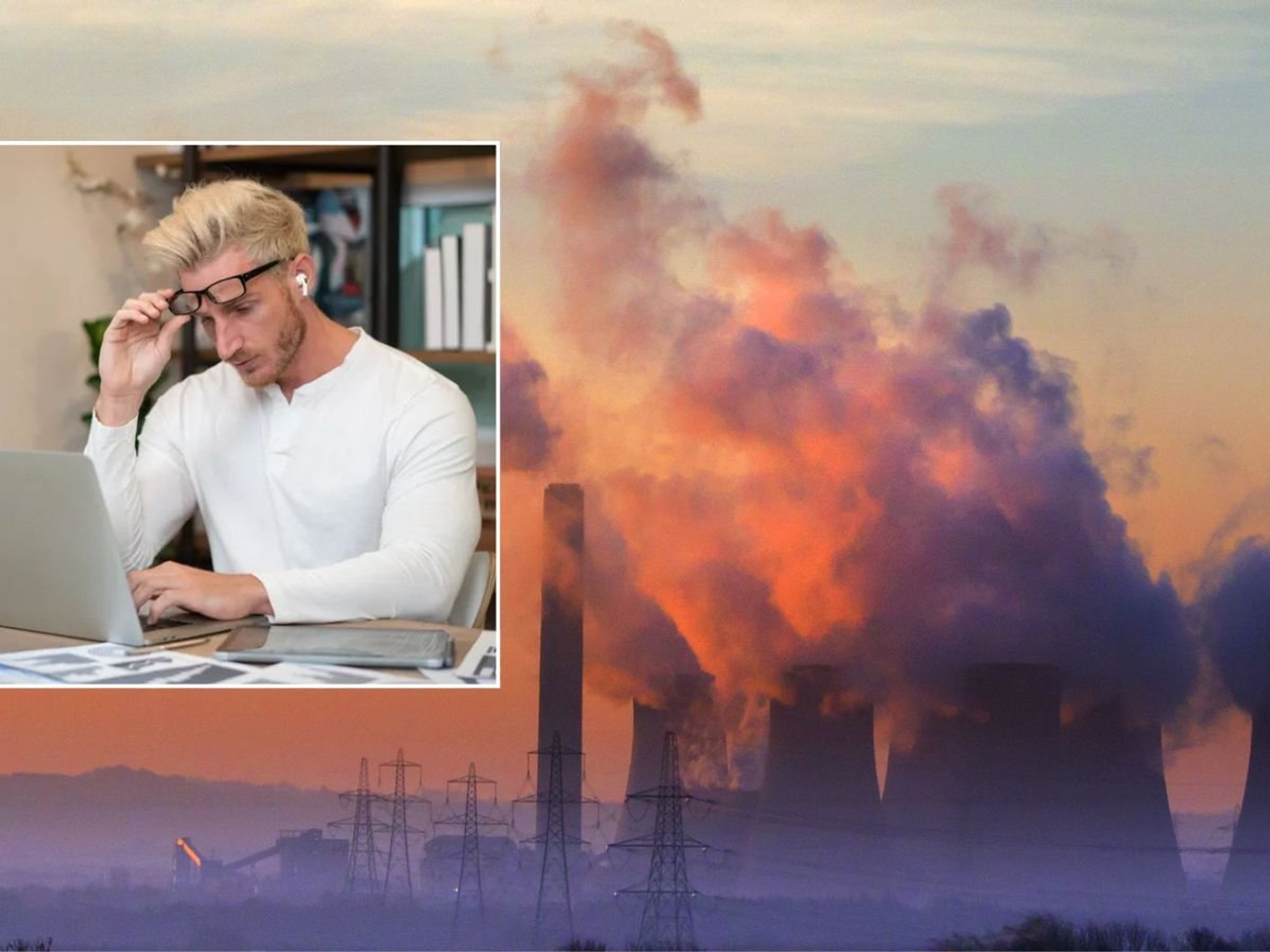 Worried man and fossil fuel emissions