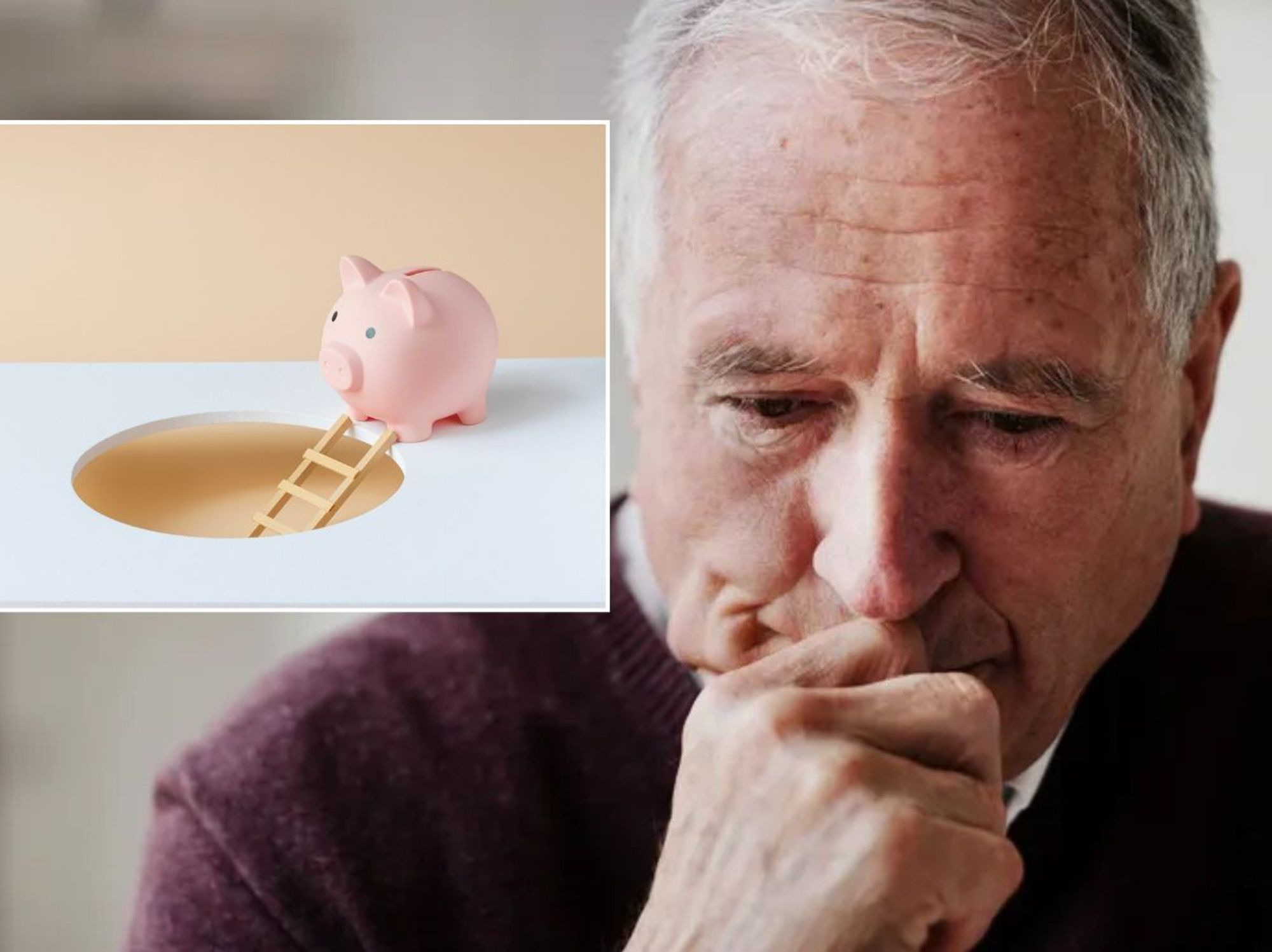 Worried saver and piggy bank