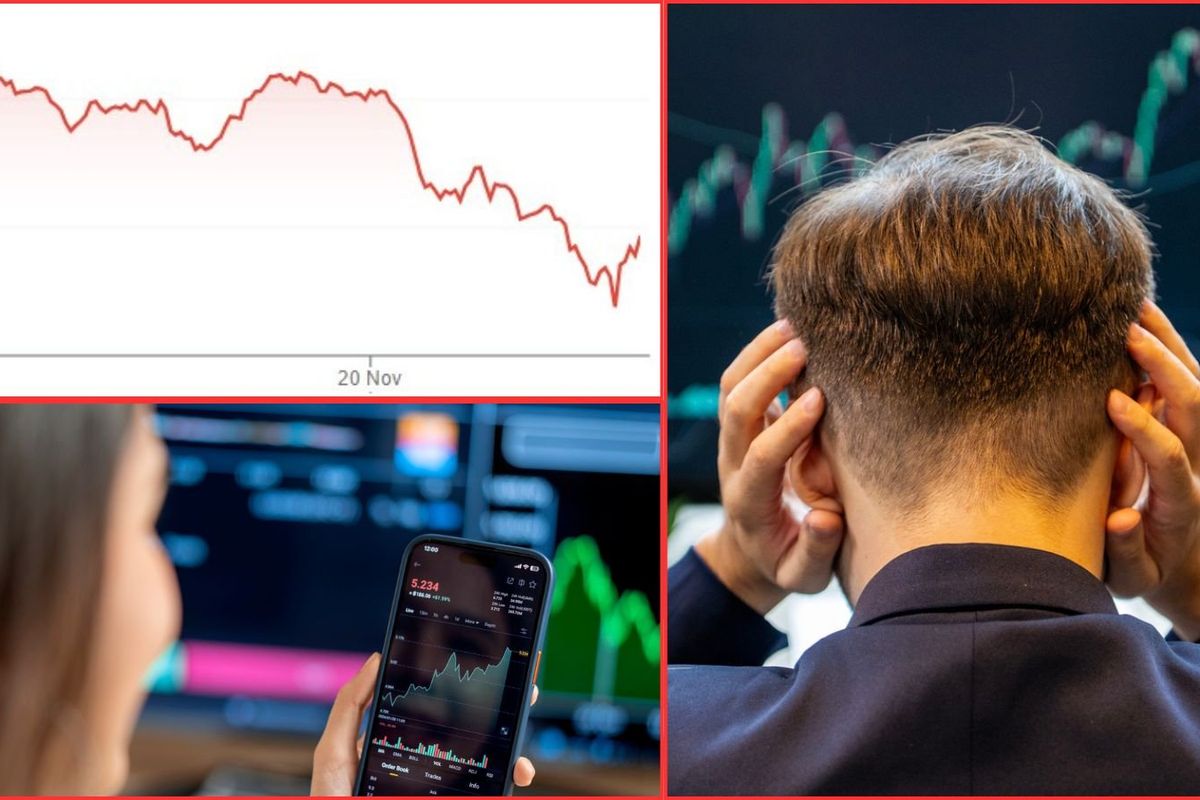 Worried trader, woman on phone, Bitcoin value