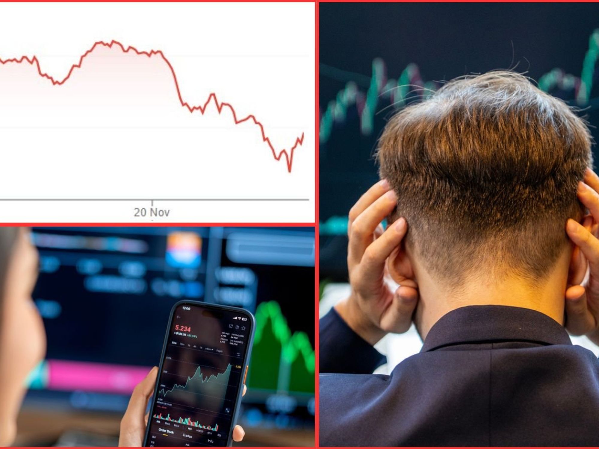 Worried trader, woman on phone, Bitcoin value