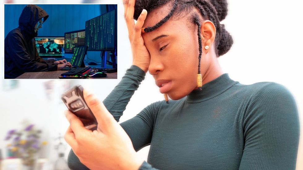 Worried woman on phone and romance scammer