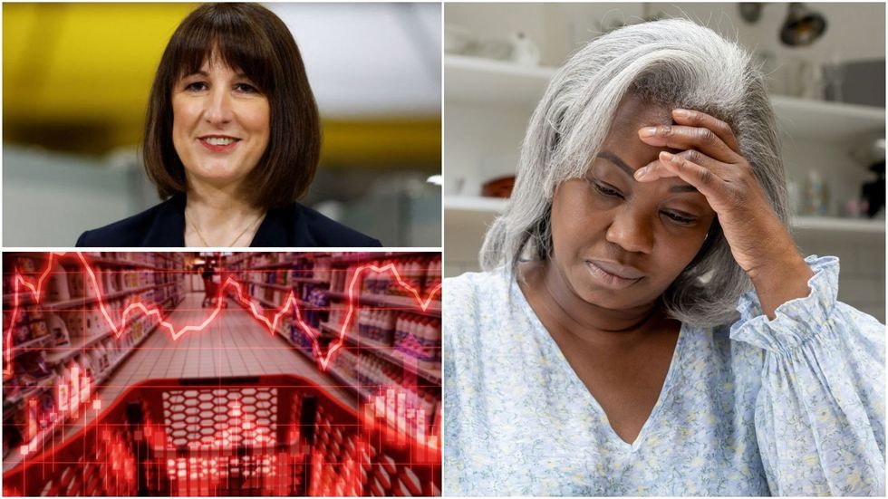 Worried woman, red economic graph and Rachel Reeves