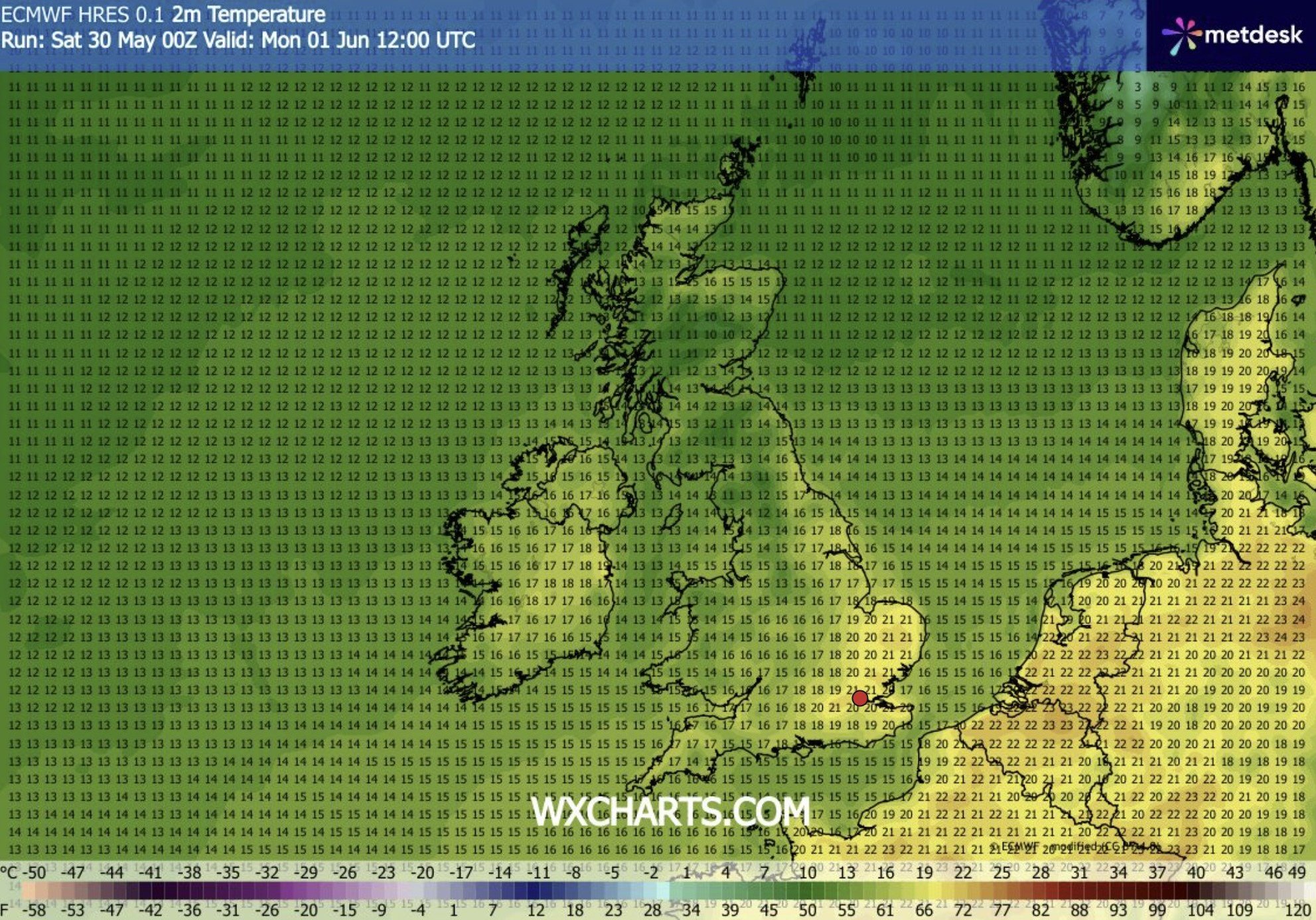 WX Chart map shows average temperatures on Monday