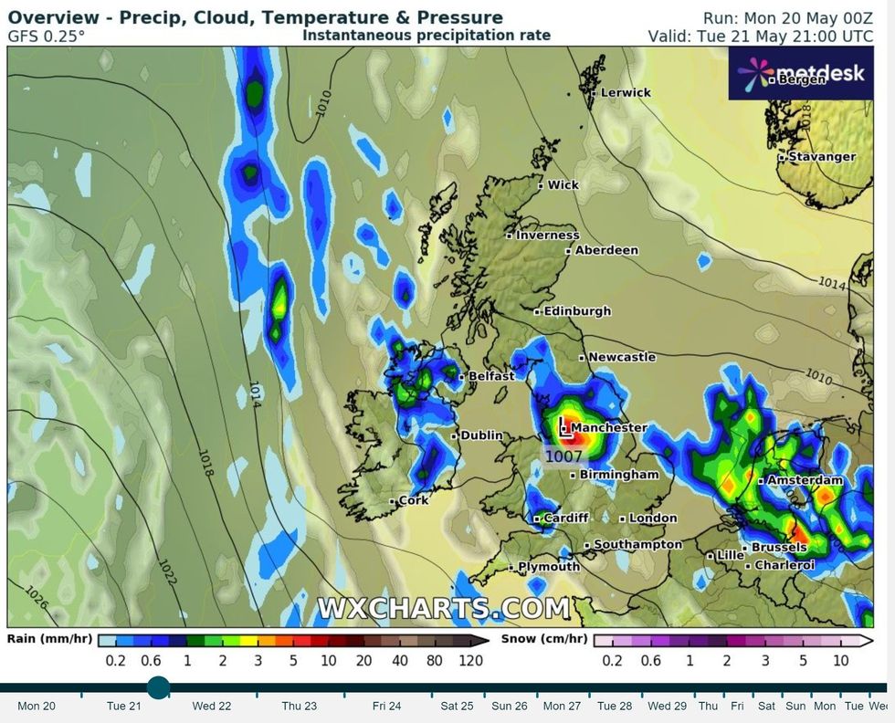 WX charts map shows heavy rain over Manchester