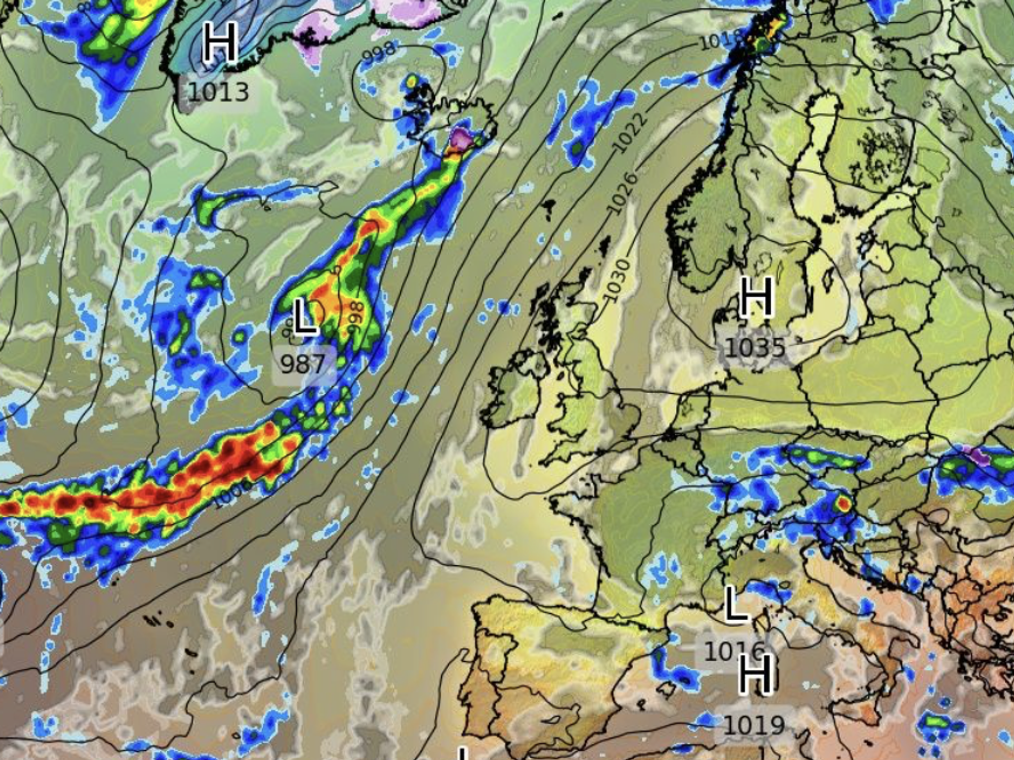 WX Charts map shows high and low battling between the Atlantic and Scandinavia