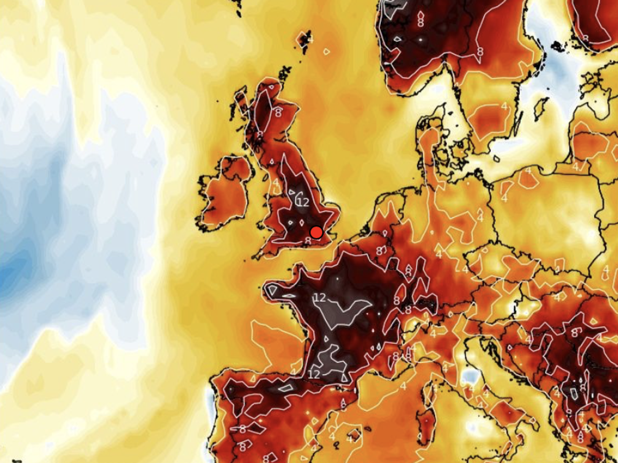 WX Charts map shows likelihood of temperature anomalies this weekend