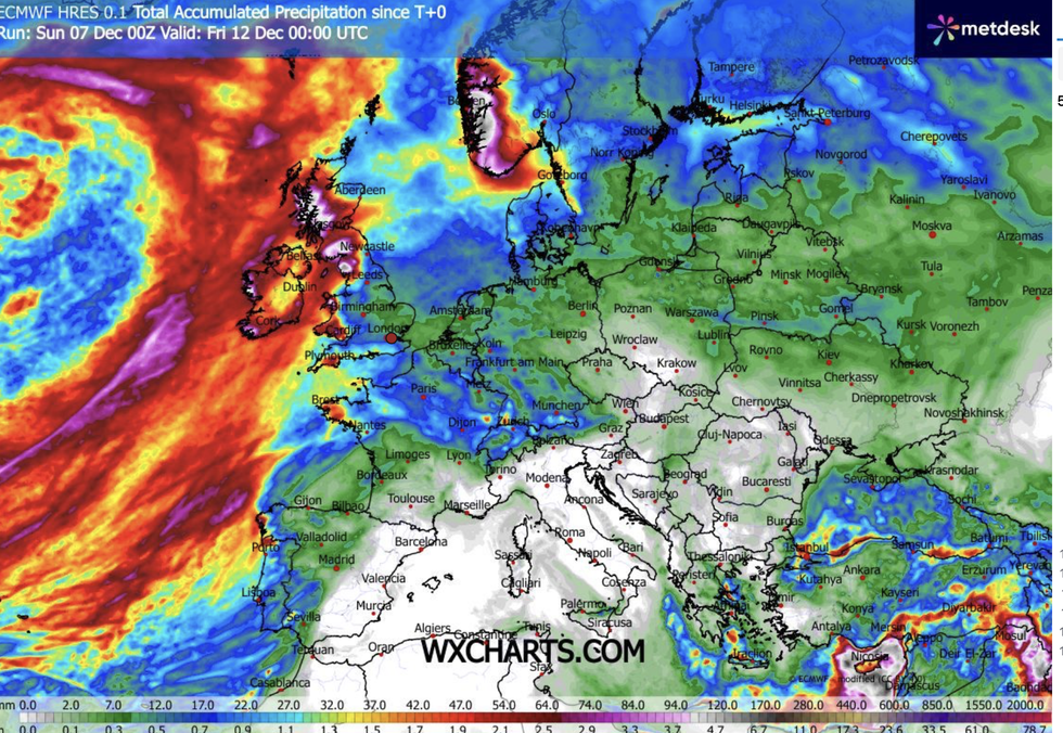 WX Charts map shows rain totals mounting