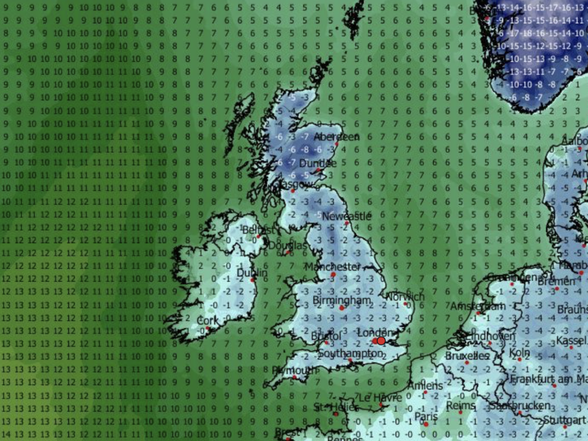 WX Charts map shows temperatures