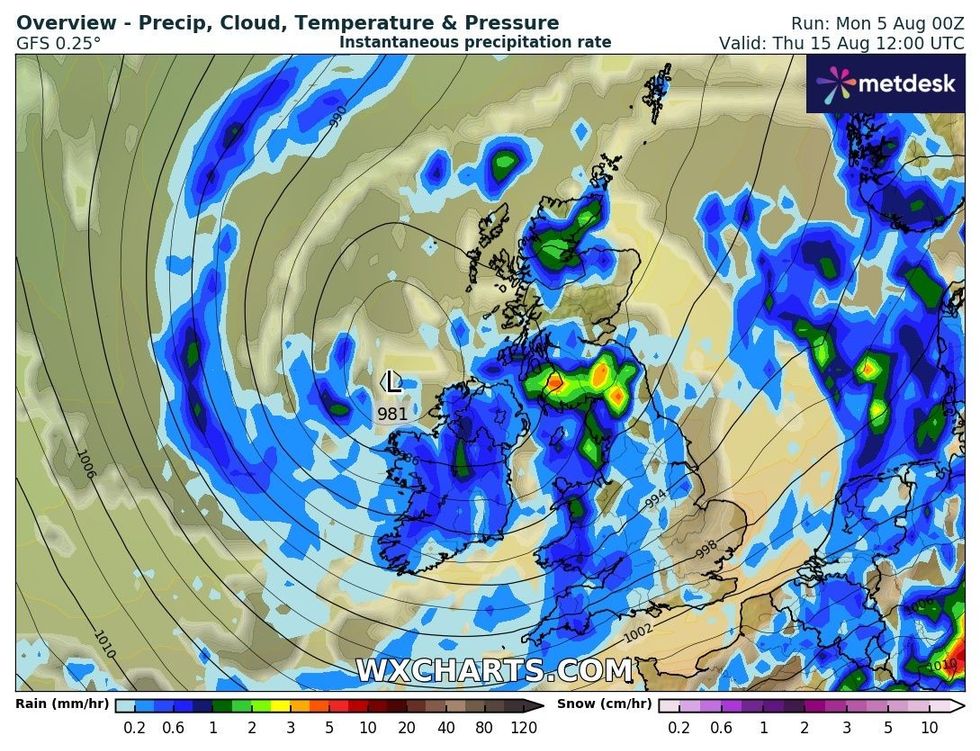 WXCHARTS has forecast downpours from the weekend onwards