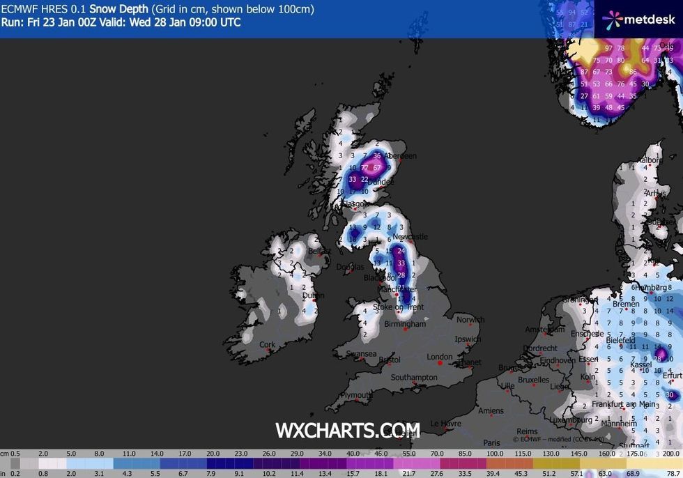 WXCHARTS is also forecasting deep snow across the North of England and Scotland