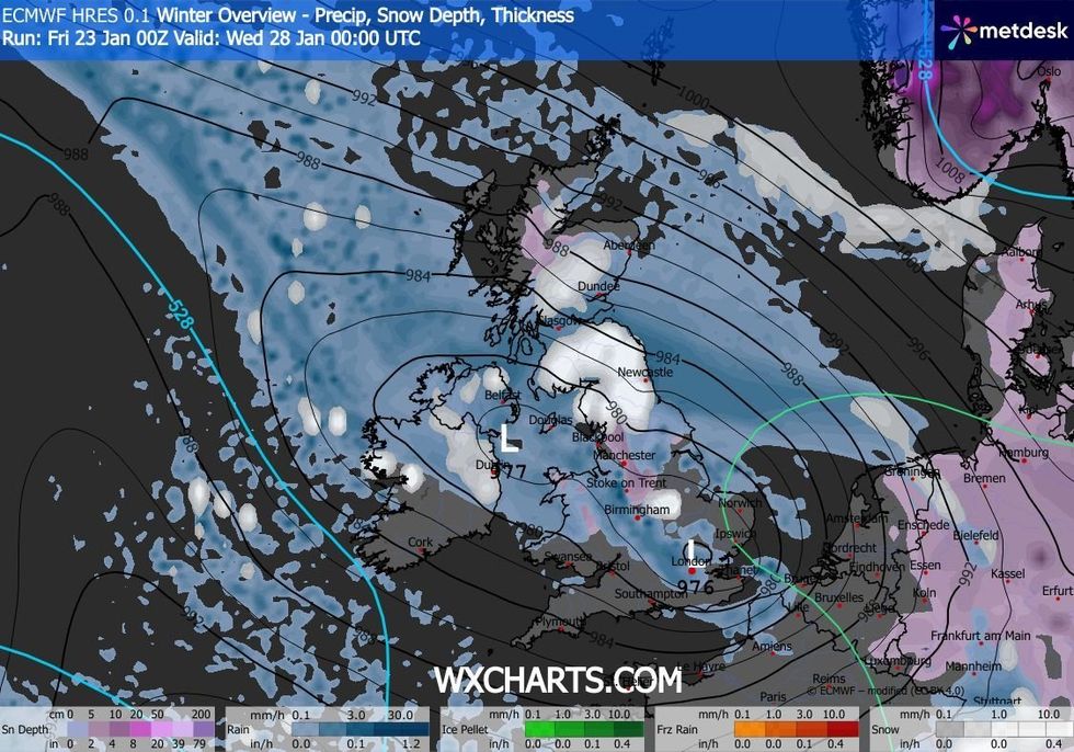 WXCHARTS is forecasting snow and rain over the coming days