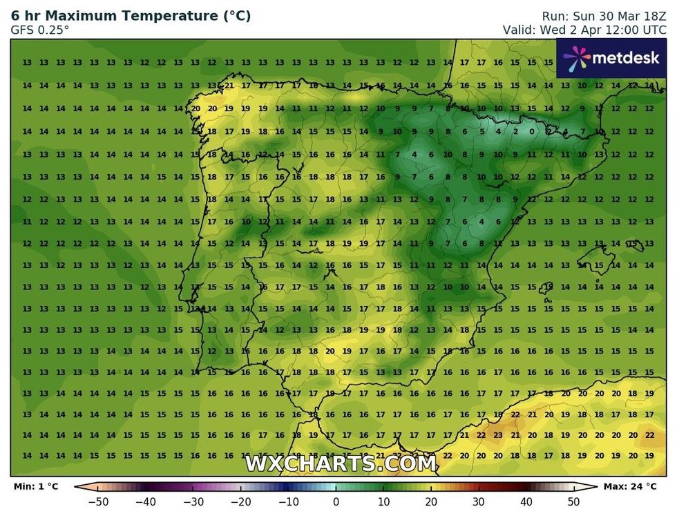 WXCharts is suggesting the UK could be warmer than much of Spain