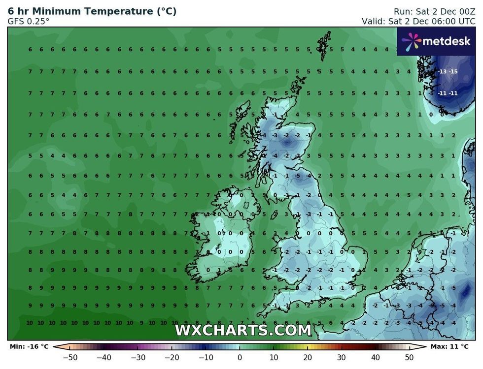 WXCHARTS suggested temperatures were sub-zero across Britain this morning