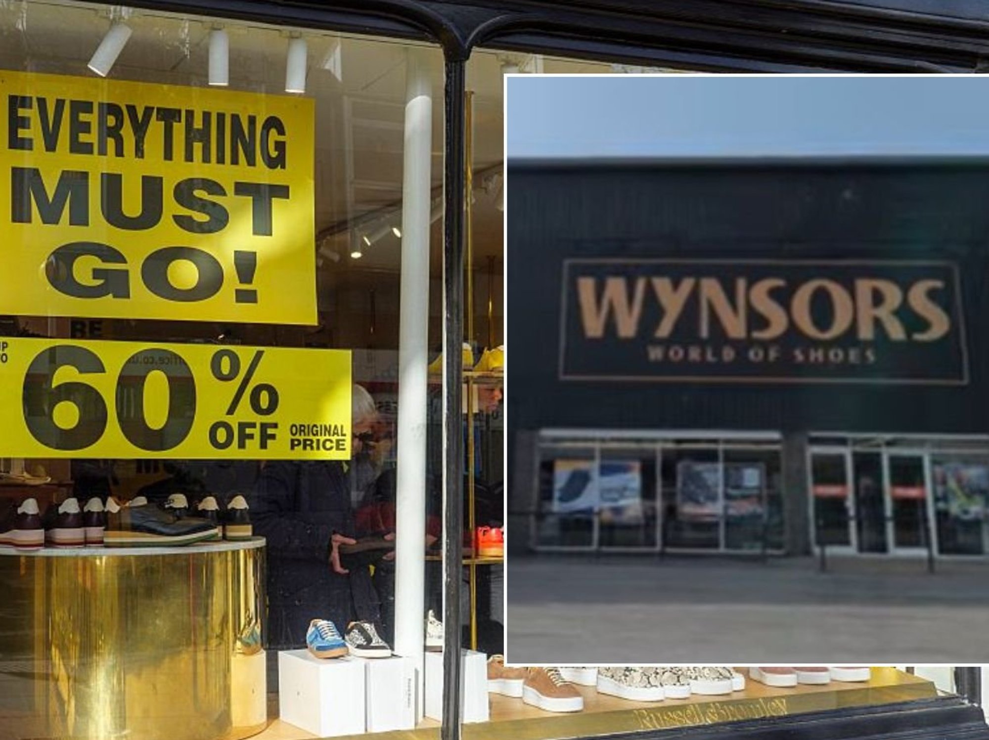 Wynsors World of Shoes store and shoe shop sale sign