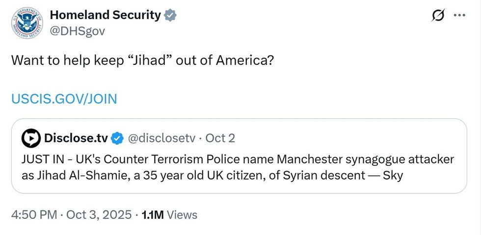 X post by Homeland Security