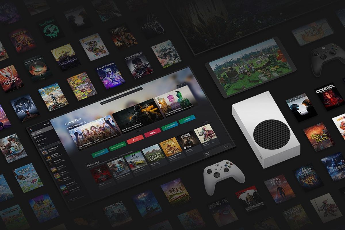 Xbox Game Pass Ultimate promotional image showing console with some of the latest game titles