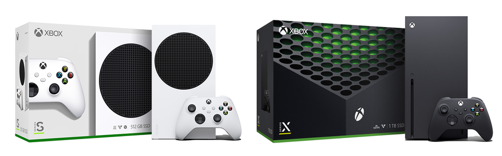 xbox series s and its box pictured beside an xbox series x with its packaging
