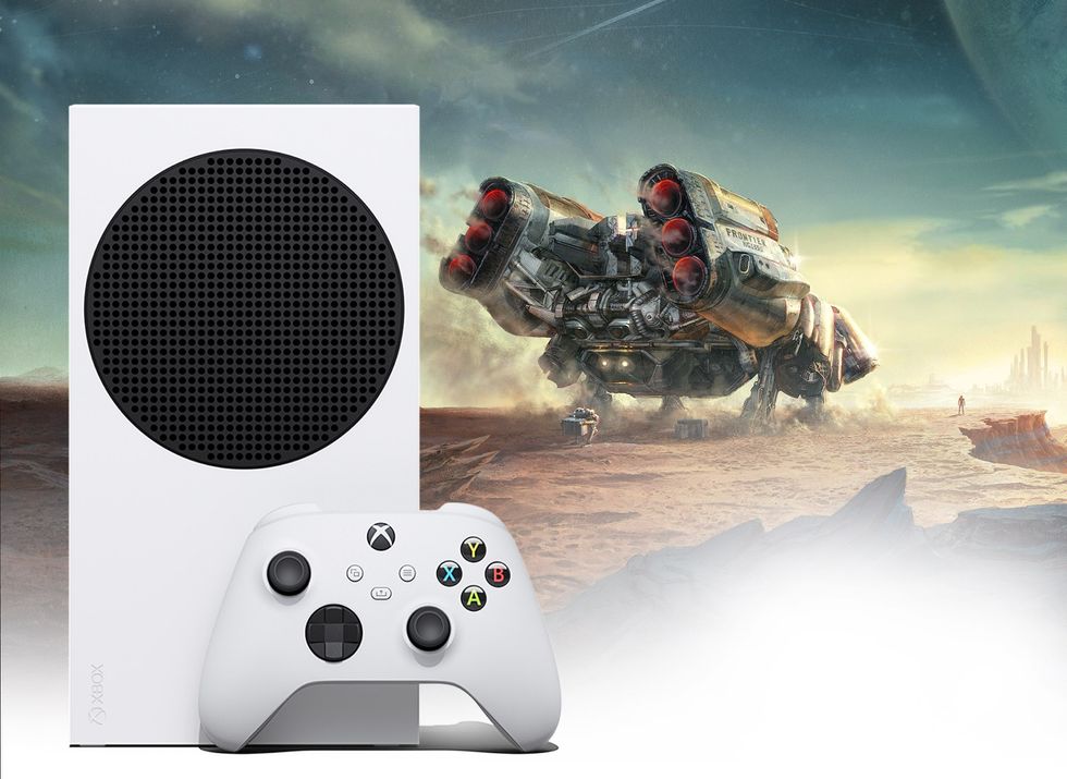 xbox series s console pictured with starfield artwork in the background