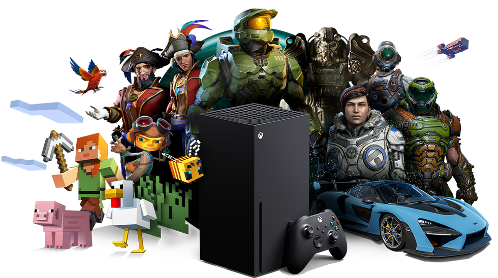 xbox series x console surrounded by some of the most important mascots from the xbox game library including halo, gears of war and sea of thieves