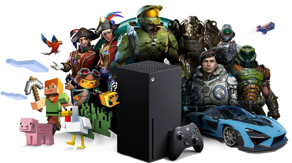 xbox series x console surrounded by some of the most important mascots from the xbox game library including halo, gears of war and sea of thieves
