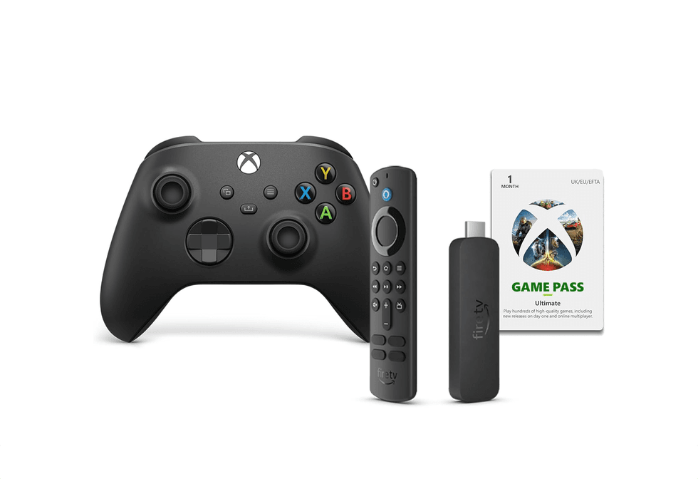 xbox wireless controller with fire tv stick 4k and game pass code on a white background