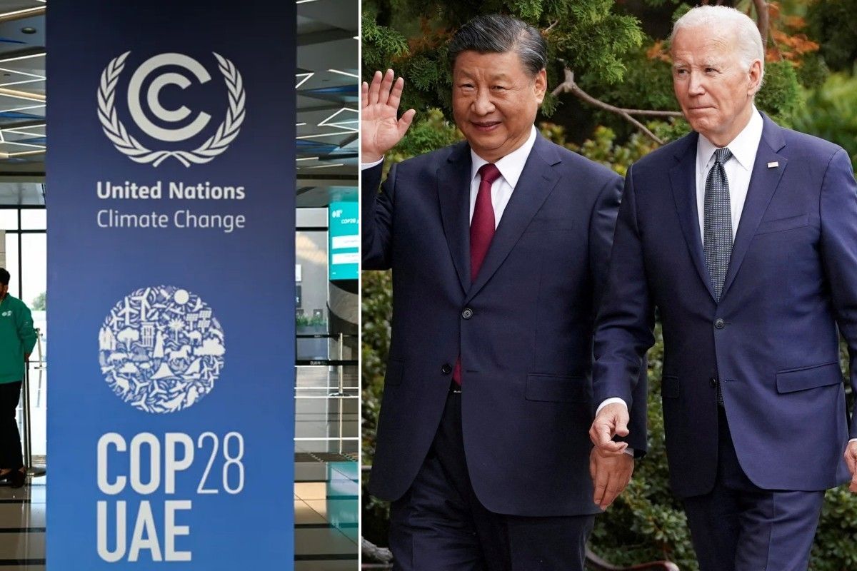 Xi Jinping and Biden with sign for Cop28
