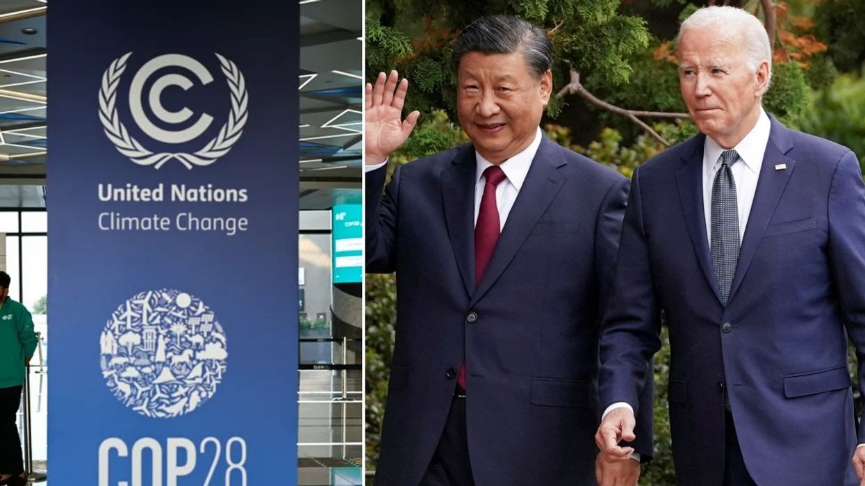 Xi Jinping and Biden with sign for Cop28