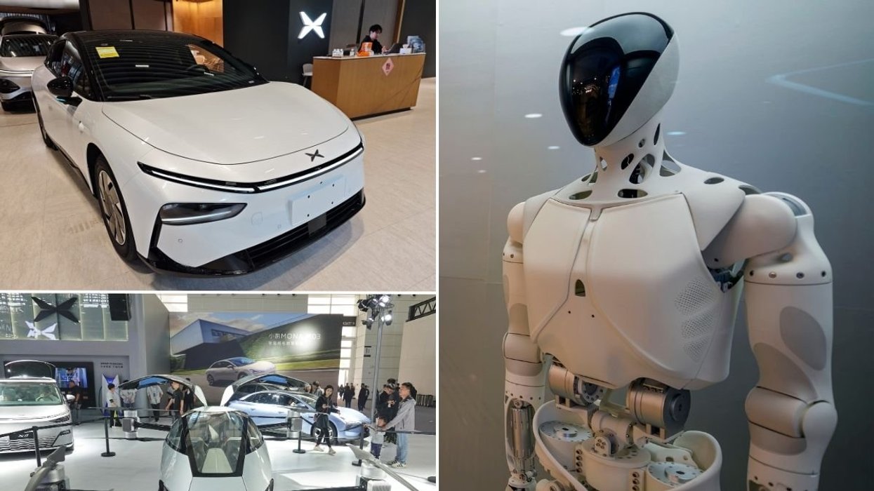 Xpeng electric car, an Xpeng Iron humanoid robot and an Xpeng flying car