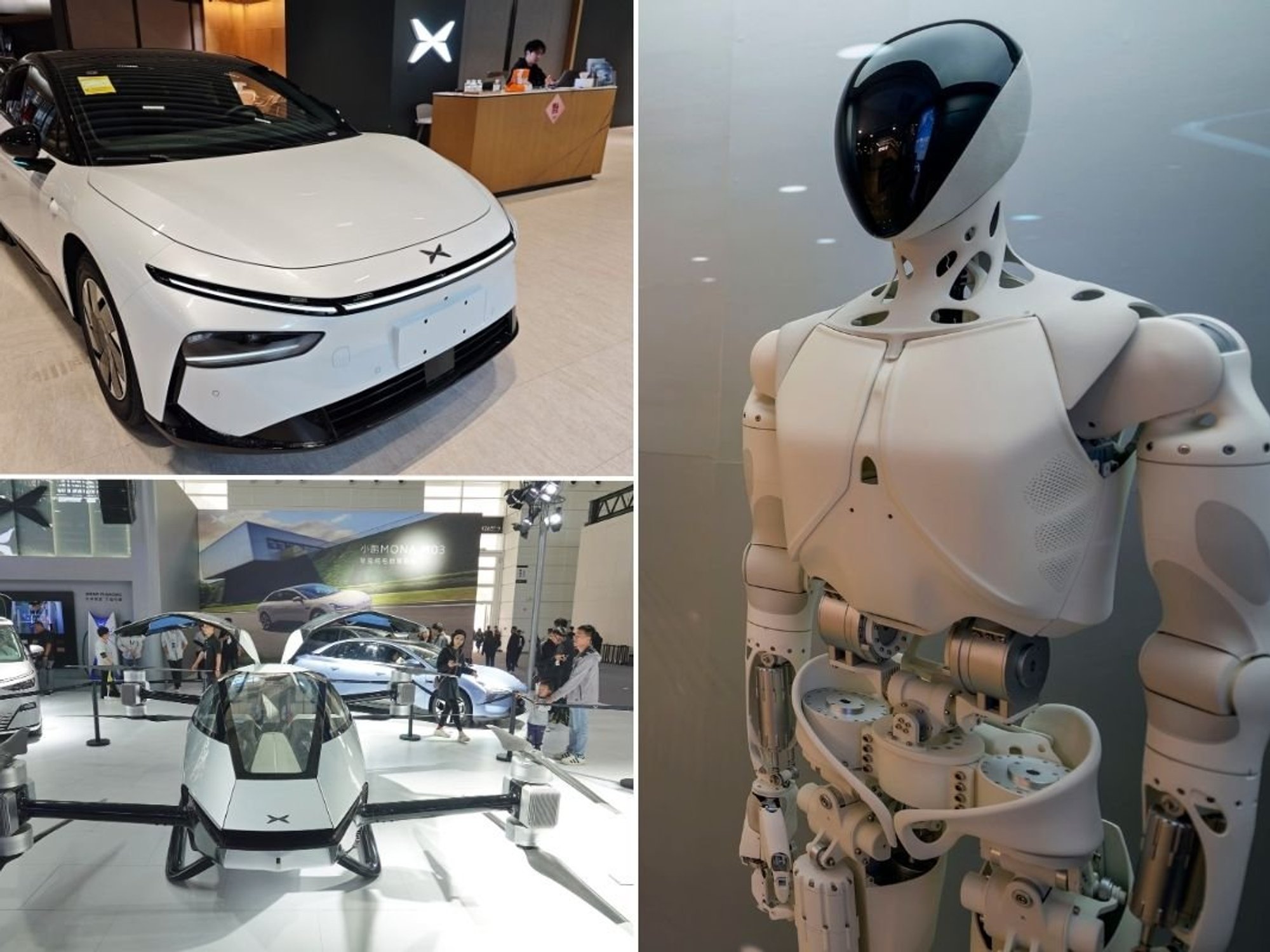 Xpeng electric car, an Xpeng Iron humanoid robot and an Xpeng flying car