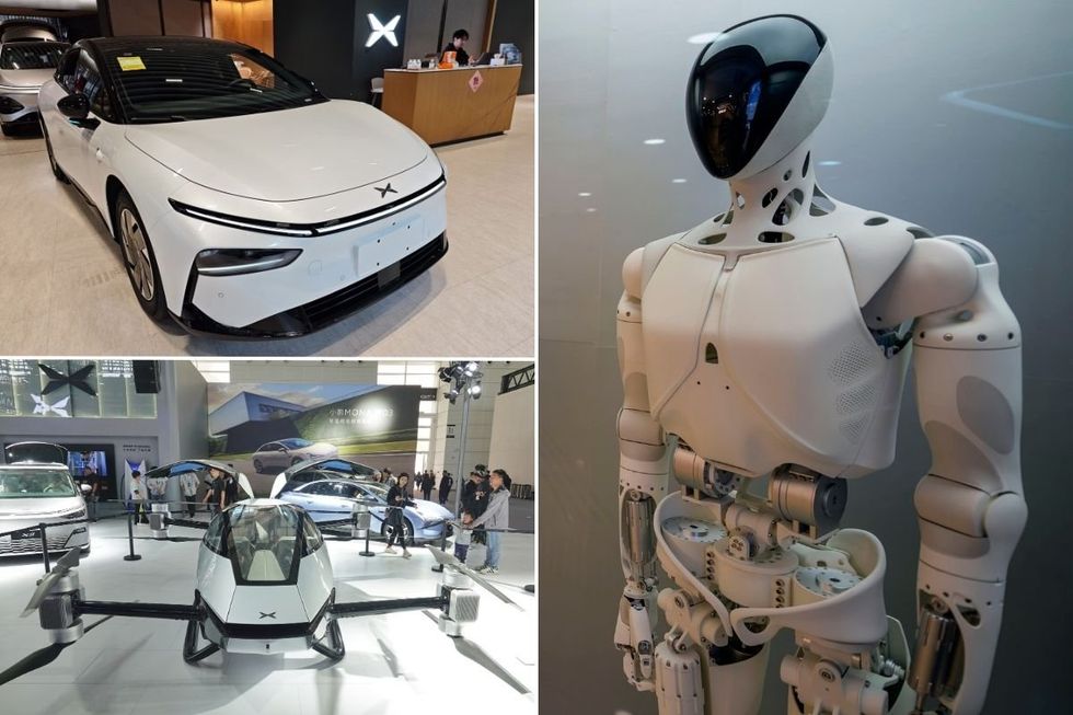 Xpeng electric car, an Xpeng Iron humanoid robot and an Xpeng flying car