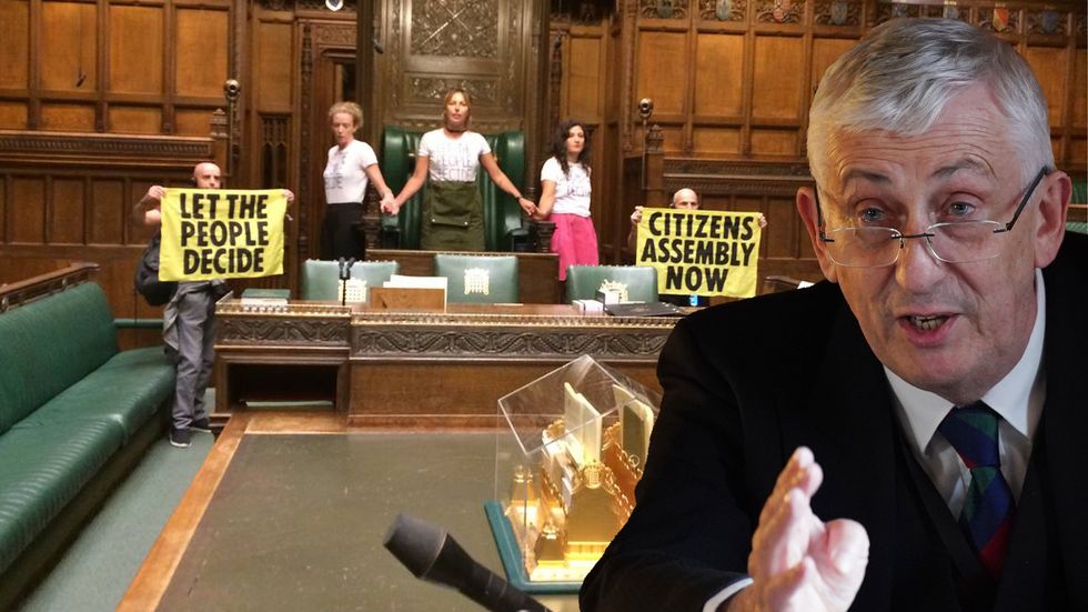 XR activists booked on an official tour of the building superglued themselves in a chain around the Speaker\u2019s chair and read out a speech in support of a citizens\u2019 assembly to act on climate matters.